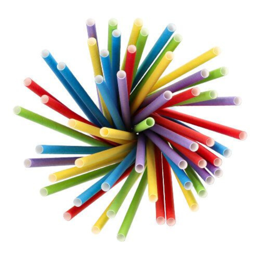 Una vista dall'alto delle cannucce Shake di carta ecologica della PAPSTAR GmbH, disposte in un motivo radiale. Con colori come rosso, blu, giallo, verde e viola con interno bianco, queste cannucce formano un vivace display circolare che sicuramente ispirerà scelte sostenibili.