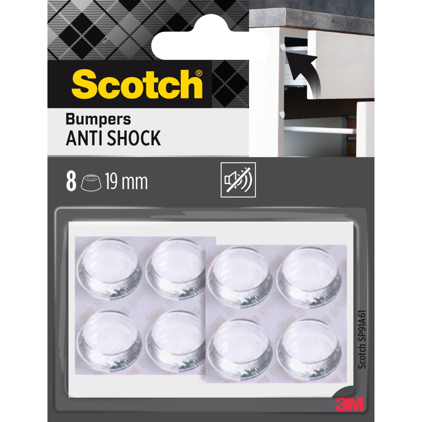 Una confezione al dettaglio di tamponi elastici assorbenti Scotch® antiurto, autoadesivi, trasparenti (8 tamponi rotondi chiari, 19 mm) della 3M Deutschland GmbH, raffigurata con il marchio del prodotto e un tampone su una porta dell'armadio.
