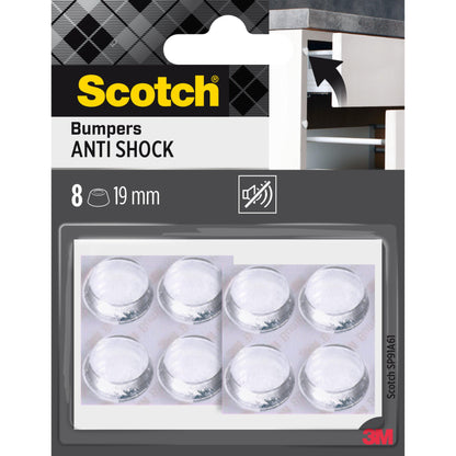 Una confezione al dettaglio di tamponi elastici assorbenti Scotch® antiurto, autoadesivi, trasparenti (8 tamponi rotondi chiari, 19 mm) della 3M Deutschland GmbH, raffigurata con il marchio del prodotto e un tampone su una porta dell'armadio.