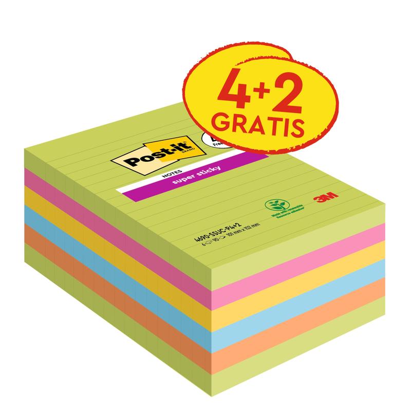 Una confezione di Post-it® Super Sticky Notes in formato grande, 101 x 152 mm, righe, in diversi colori. Contiene 4 blocchi + 2 gratis (90 fogli/blocco), note adesive ad alta tenuta, da 3M Deutschland GmbH, 100% certificato PEFC.