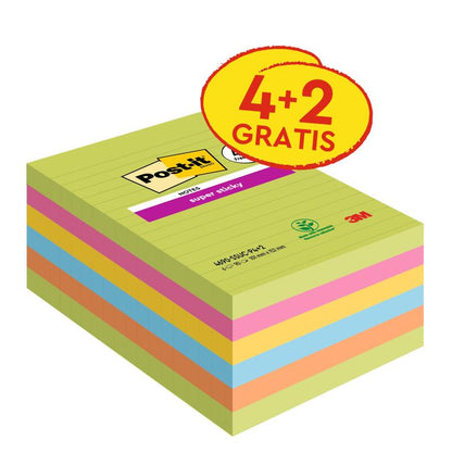 Una confezione di Post-it® Super Sticky Notes in formato grande, 101 x 152 mm, righe, in diversi colori. Contiene 4 blocchi + 2 gratis (90 fogli/blocco), note adesive ad alta tenuta, da 3M Deutschland GmbH, 100% certificato PEFC.
