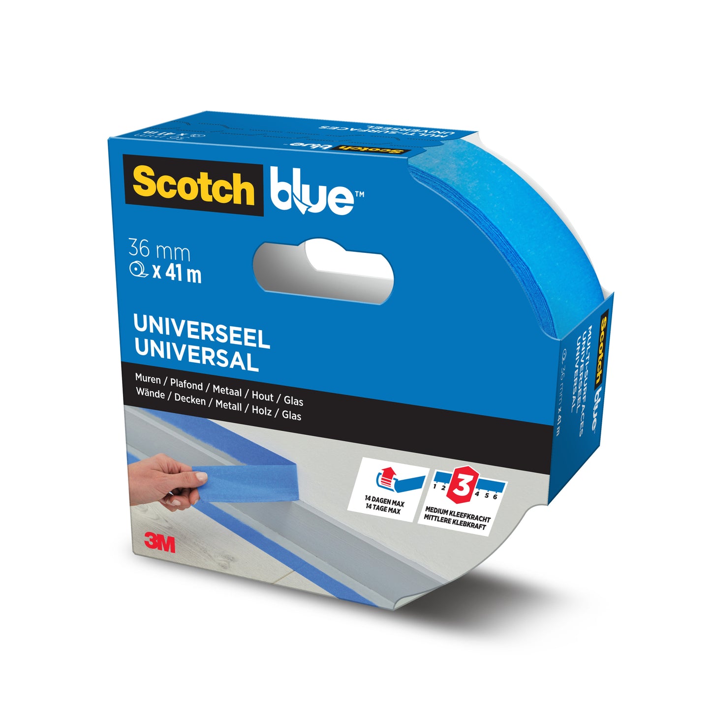 Un rotolo di nastro adesivo per pittori ScotchBlue™ "Multi-Surface" di 3M Deutschland GmbH, 36 mm x 41 m, in confezione blu. La confezione mostra l'uso su pareti, metallo, legno e vetro, sottolineando la compatibilità universale.