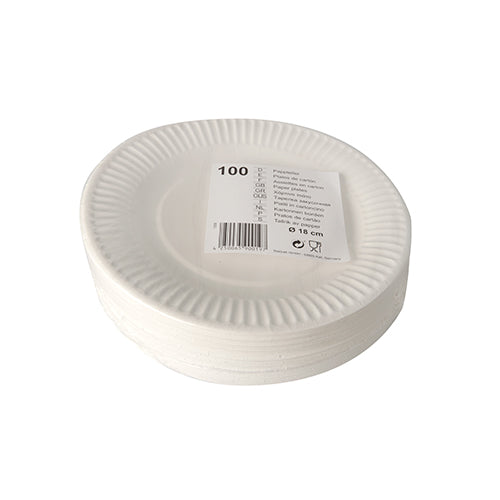 Ein Stapel Starpak 100 Teller, Pappe rund, weiß, mit geriffeltem Rand und einem Barcode-Etikett, das 100 Teller mit einem Durchmesser von je 23 cm angibt.