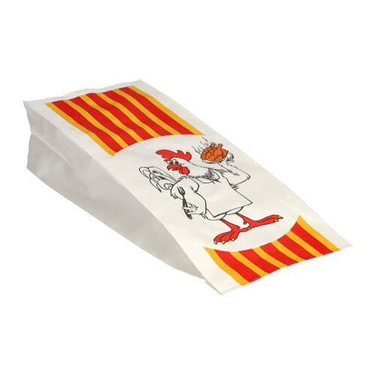 Il sacchetto per pollo Starpak 100 in carta con inserto in HDPE "Pollo alla griglia" mostra un pollo da cartone animato che serve un pollo grigliato e si distingue per il suo design bianco con strisce rosso-gialle.