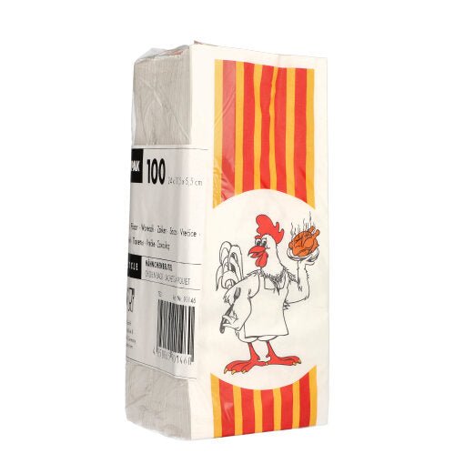 I sacchetti per pollo Starpak 100 sono costituiti da sacchetti di carta rettangolari bianchi con fodera interna in HDPE, decorati con strisce rosso-gialle e mostrano un pollo con un piatto di pollo alla griglia. Questa confezione ecologica contiene 100 sacchetti per pollo alla griglia.