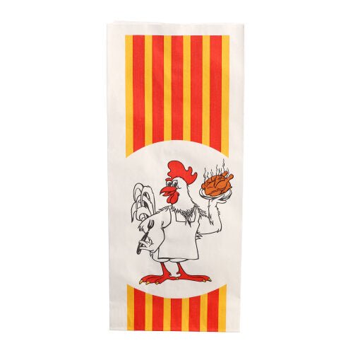 Il sacchetto per pollo Starpak 100 in carta con inserto in HDPE "Pollo alla griglia" presenta un motivo con strisce rosse e gialle e un pollo con grembiule che tiene un pollo alla griglia fumante su un piatto.
