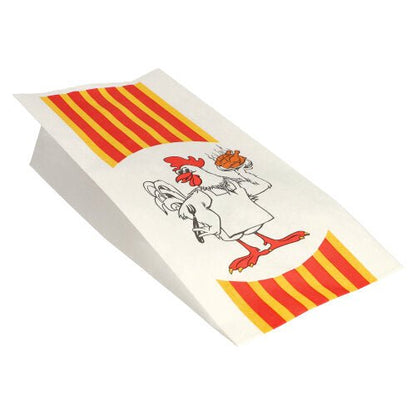 I sacchetti per pollo Starpak 100 in carta con inserto in HDPE "Pollo alla griglia" sono bianchi con strisce giallo-rosse e un pollo da cartone animato - ideali per servire il pollo alla griglia in modo ecologico.