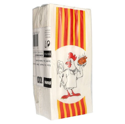 Il sacchetto per pollo Starpak 100 presenta strisce longitudinali rosse e gialle, un pollo con illustrazione di cartello "Pollo alla griglia", codice a barre e testo sulla sua confezione ecologica in carta con pellicola interna in HDPE.