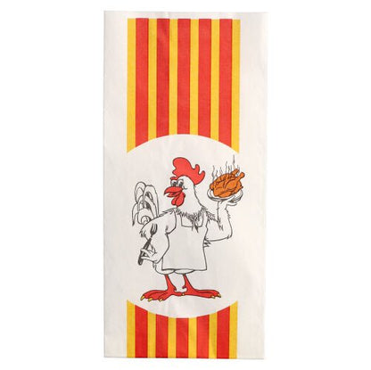 Il sacchetto per pollo Starpak 100, carta con inserto in HDPE "Pollo alla griglia", è bianco con strisce rosse e gialle e mostra un pollo da cartone animato con grembiule che serve un pollo alla griglia fumante.