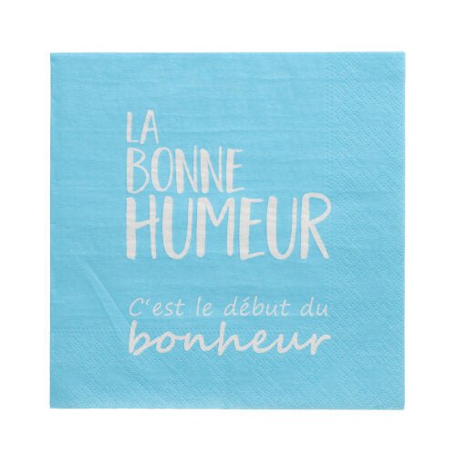 I 20 tovaglioli PAPSTAR (33x33 cm, 3 strati, blu) della PAPSTAR GmbH sono decorati con un testo francese bianco: "LA BONNE HUMEUR C'est le début du bonheur" ("Buon umore è l'inizio della felicità").