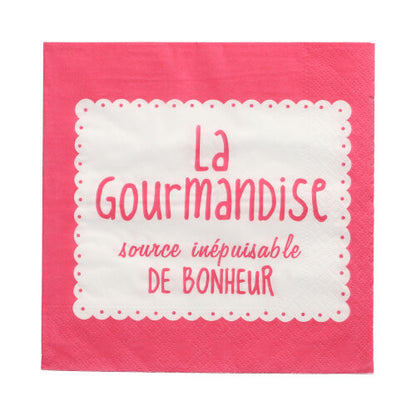 Diese PAPSTAR 20 Servietten (33x33 cm, 3-lagig, bunt) der PAPSTAR GmbH sind mit einem rosa-weißen Wellenrand und dem französischen Spruch "La Gourmandise, source inépuisable de bonheur" versehen - eine lebendige Note für jeden Anlass.