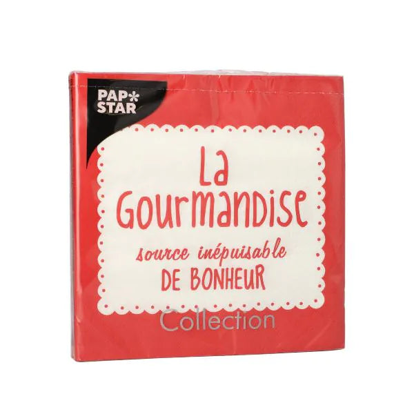 Die PAPSTAR 20 Servietten, 33x33 cm, 3-lagig, rot der PAPSTAR GmbH sind mit dem Schriftzug "La Gourmandise source inépuisable de bonheur" auf der Vorderseite versehen - perfekt, um Ihrem Tisch einen stilvollen Touch zu verleihen.
