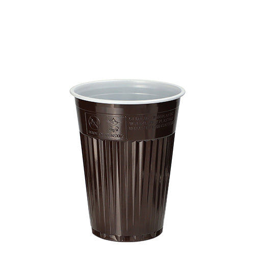 Il bicchiere termico automatico Starpak 100 (PS, 0,18 l, Ø 7,03 cm, 9 cm) in marrone/bianco con esterno scanalato e interno liscio sta in piedi – ideale per mantenere le bevande calde in movimento. Confezione da 100 pezzi.