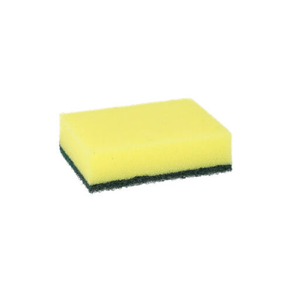 Una spugna rettangolare Starpak per pentole giallo-verde (2,6 x 9 x 6,6 cm) con un pad abrasivo, raffigurata su uno sfondo bianco semplice; confezione da 6.