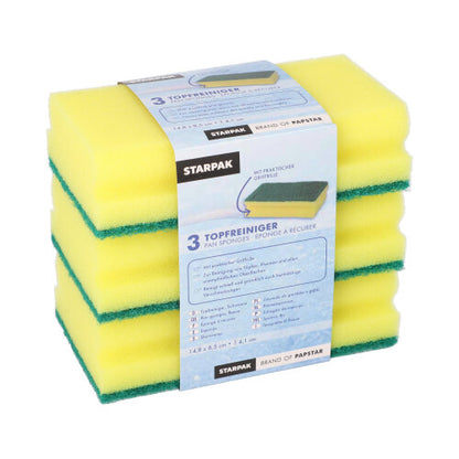 Una confezione di 3 spugne rettangolari giallo/verde Starpak Jumbo con scanalatura per la presa e superficie antigraffio (4,1 x 14,8 x 8,5 cm), in una fascetta, ideale per la pulizia efficace di pentole e padelle.