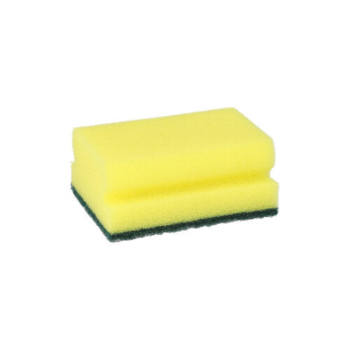 Una spugna rettangolare giallo/verde abrasiva di Starpak con scanalatura per la presa, dimensioni 4,1 x 9,5 x 6,8 cm, dal set "Starpak 6 pulitori di pentole", raffigurata su sfondo bianco.