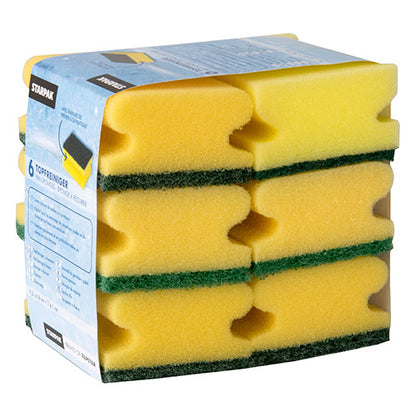 Una confezione con 6 spugne rettangolari per pulizia pentole Starpak (4,1x9,5x6,8 cm), giallo/verde con scanalatura per una presa migliore, impilate e confezionate in una fascetta. Ideale per strofinare, del marchio Starpak.