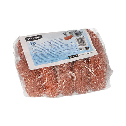 Una confezione di plastica trasparente contiene 10 pulitori per pentole Starpak in rame rotondi Ø 9 cm · 3 cm, ciascuno robusto per una pulizia efficiente, con un'etichetta blu-bianca con informazioni sul prodotto e codice a barre.