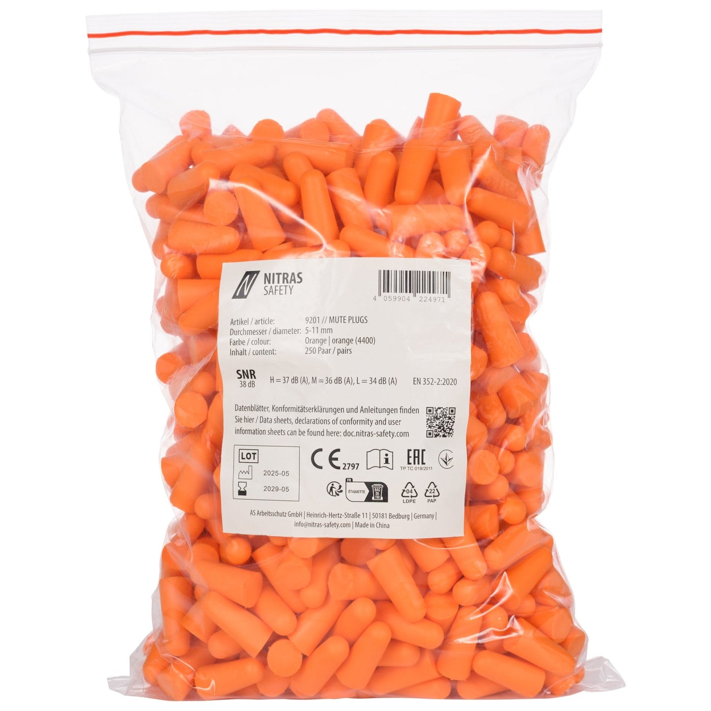 NITRAS MUTE PLUGS, tappi per le orecchie, arancione, EN 352-2, 250 paia / sacchetto di plastica PU | Confezione (1 pezzo)