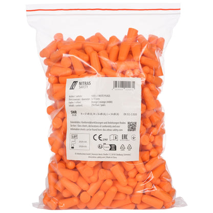 NITRAS MUTE PLUGS, tappi per le orecchie, arancione, EN 352-2, 250 paia / sacchetto di plastica PU | Confezione (1 pezzo)