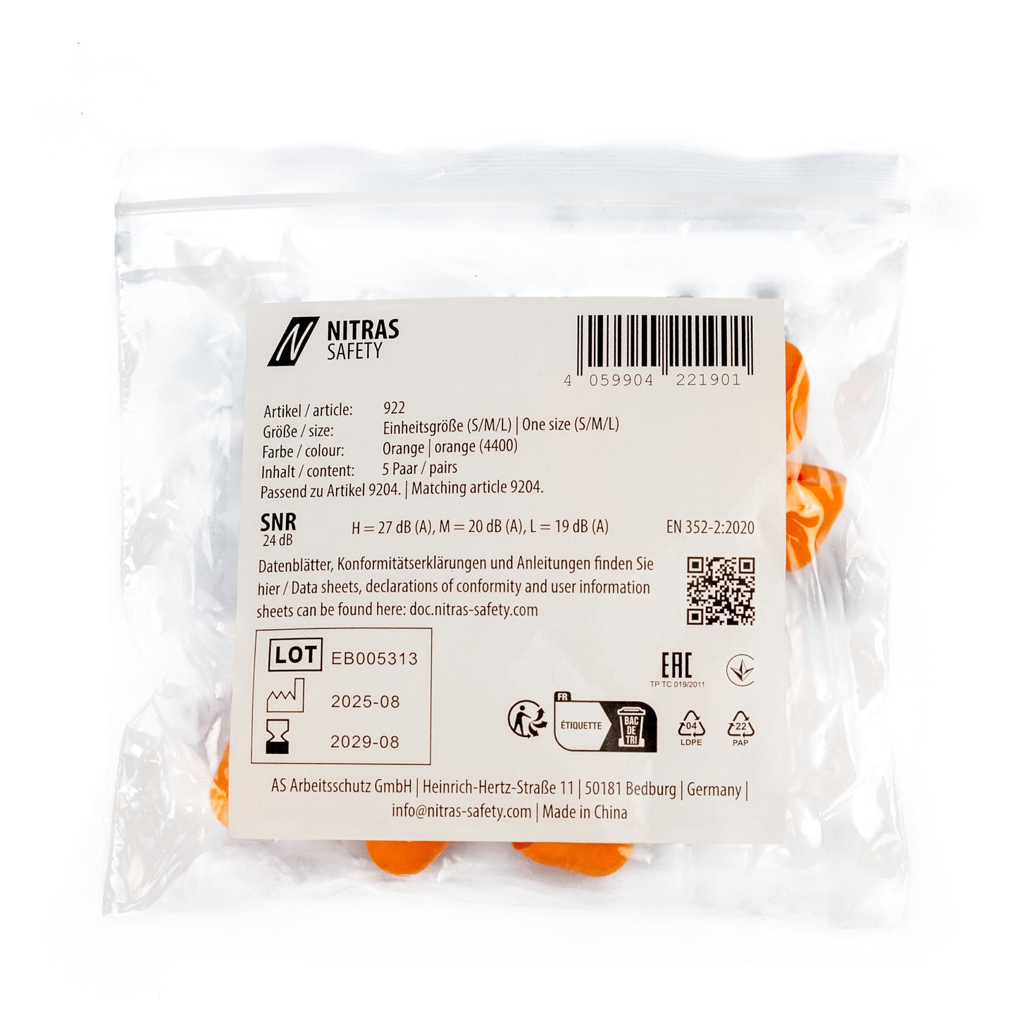 Tappi per le orecchie NITRAS, arancioni, EN 352, sacchetto da 5 paia | Confezione (1 pezzo)