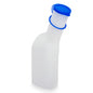 La bottiglia urinaria ARNOMED ECO Herren di ARNOWA GmbH, igienica e pratica, in plastica traslucida con tappo a vite blu e manico, sta in piedi - marcature di misurazione laterali, ideale per le vostre esigenze di cura.