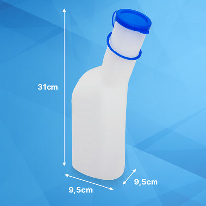 La bottiglia urinaria ARNOMED ECO Herren di ARNOWA GmbH (1 pezzo), in plastica bianca con tappo blu, è posizionata su uno sfondo geometrico blu. Dimensioni: 31 cm di altezza, 9,5 cm di larghezza alla base - ideale per le esigenze di cura.