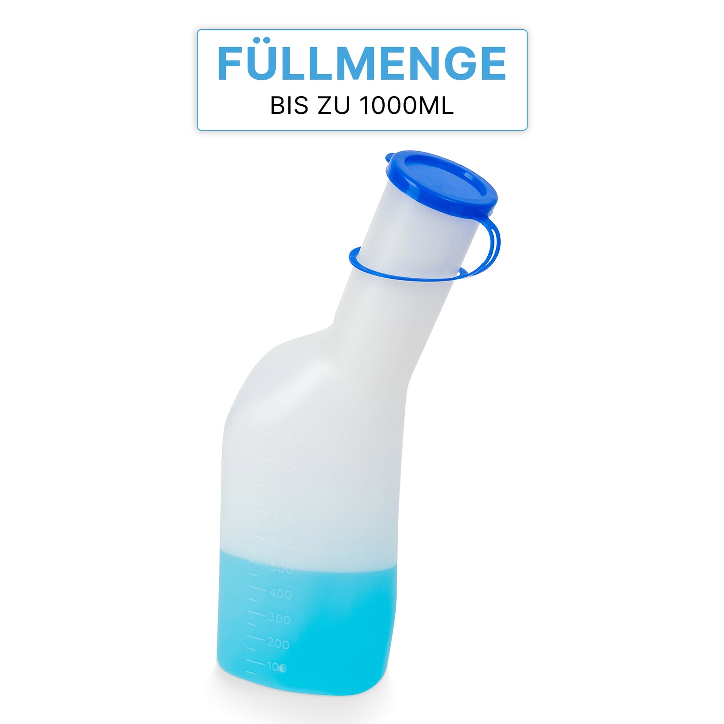 La bottiglia urinaria ARNOMED ECO Herren (di ARNOWA GmbH) è un urinale maschile igienico e pratico con tappo blu, design traslucido, contrassegnato con "Capacità fino a 1000ml", ideale per le esigenze di cura.