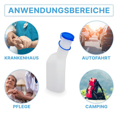 La bottiglia urinaria ARNOMED ECO Herren della ARNOWA GmbH in plastica bianca con tappo blu è raffigurata al centro, circondata da simboli per ospedale, viaggio in auto, cura e campeggio - sottolineando così la sua igienicità e versatilità d'uso.