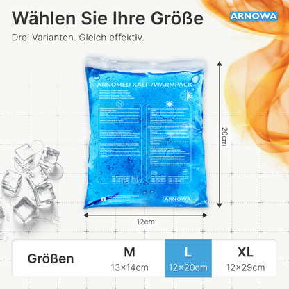 Ein blauer ARNOMED KALT-/WARMPACK von ARNOWA GmbH (12x20 cm) ist zentriert, darunter die Größenoptionen M (13x14 cm), L und XL. Eiswürfel und warme Orange-Grafiken betonen die effektive Schmerzlinderung.