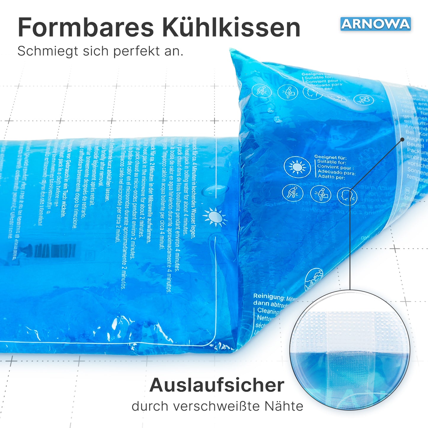 Eine blaue, flexible ARNOMED KALT-/WARMPACK Wiederverwendbare Kalt-/Warm-Kompressen von ARNOWA GmbH auf weißem Gitter-Hintergrund. Die Nahaufnahme zeigt die auslaufsichere Naht und den Hinweis auf mehrfache Anwendung bei Schmerzen.