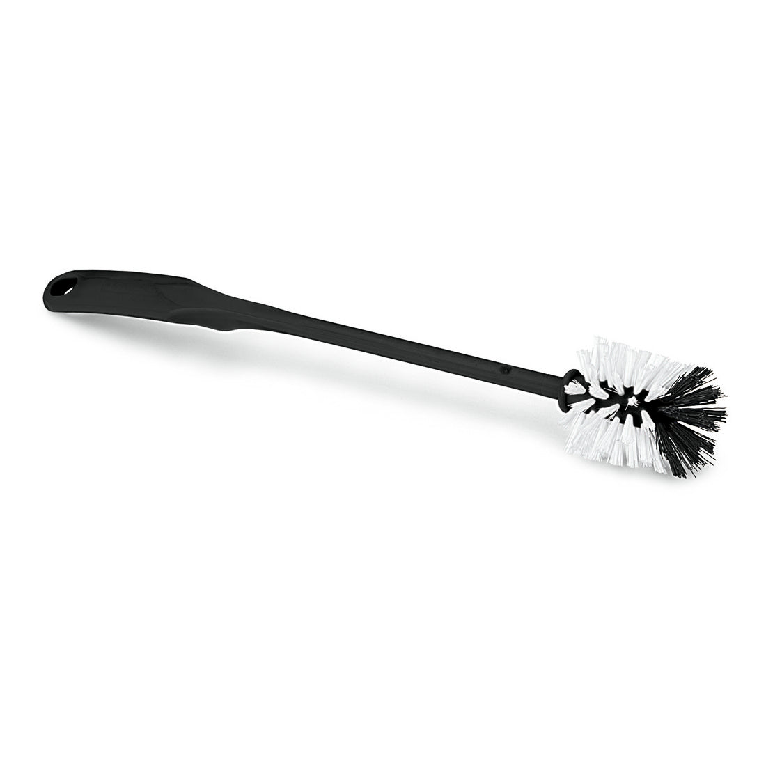 La spazzola per WC Nölle Profi Brush in regranulato di Nölle Profi Brush Bürsten- & Pinseltechnik e.K. ha un lungo manico nero e una testa rotonda con setole bianche e nere, raffigurata su uno sfondo bianco semplice.