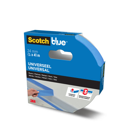 Una scatola di nastro adesivo per pittori ScotchBlue™ "Multi-Surface" di 3M Deutschland GmbH (24 mm x 41 m) con nastro blu parzialmente srotolato. La confezione indica l'idoneità per diverse superfici e una rimozione pulita fino a tre giorni.