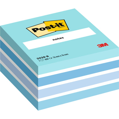 Un cubo di Post-it® Notes (76 mm x 76 mm, 450 fogli per blocco, 100% PEFC) della 3M Deutschland GmbH mostra fogli bianchi e blu alternati con il logo Post-it e "notes" sulla parte superiore.