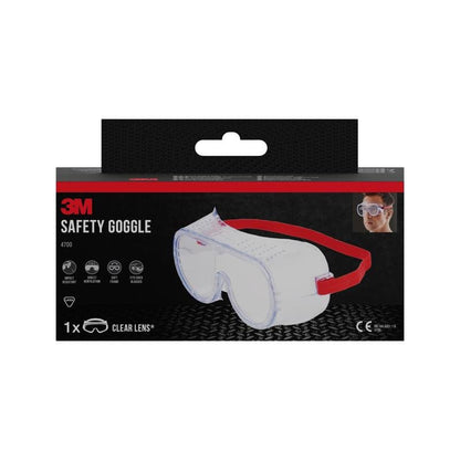 Una scatola di occhiali di protezione 3M™ Classic 4700 di 3M Deutschland GmbH, ventilata direttamente con lente trasparente e fascia rossa. Nell'angolo in alto a destra appaiono simboli di sicurezza e l'immagine di una persona che indossa la protezione per gli occhi.