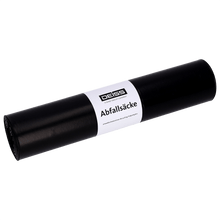 Nell'immagine è rappresentato un rotolo di sacchi della spazzatura neri DEISS 95036 (500+400x1100 mm, Tipo 60, 25 sacchi/rotolo) della EMIL DEISS KG (GmbH + Co.) con etichetta bianca su sfondo chiaro.