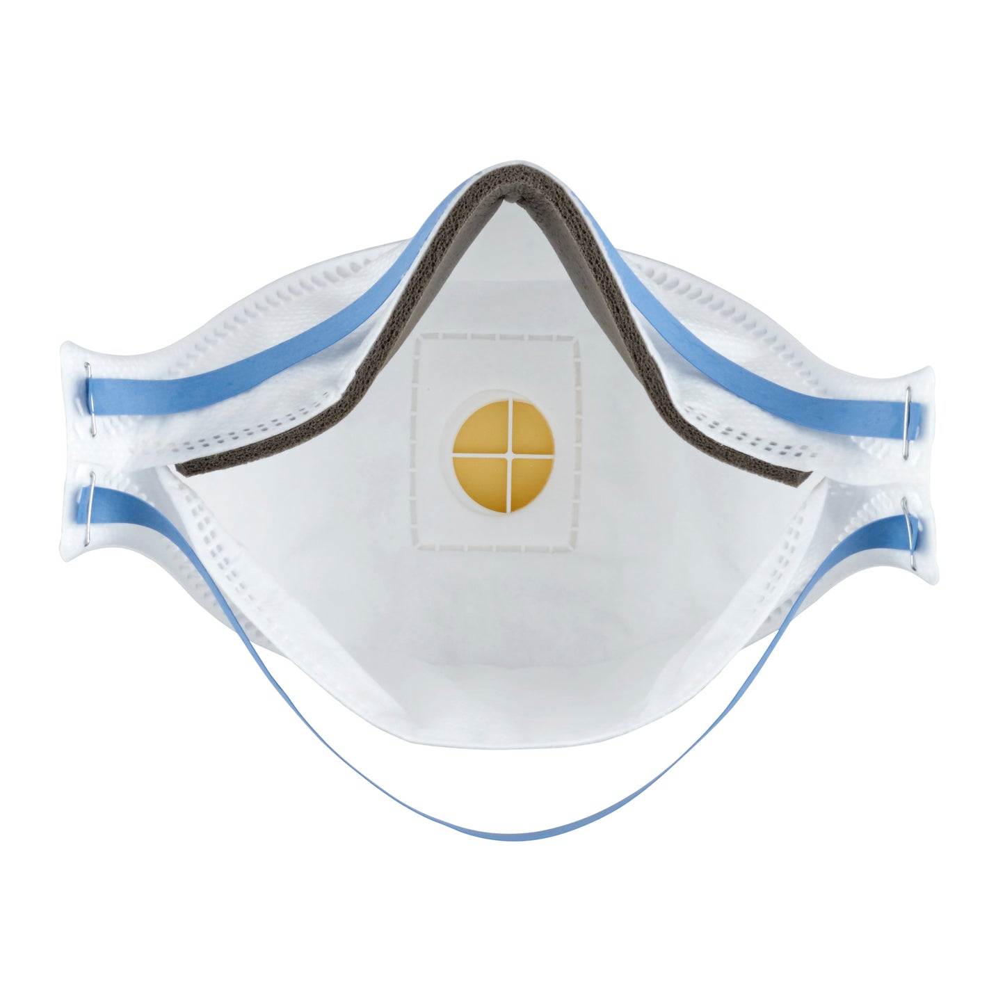 Vista dettagliata della maschera antiparticolato 3M™ Aura™ Comfort Cool Flow™ 9322+ FFP2 di 3M Deutschland GmbH, con valvola gialla e striscia di schiuma grigia sul bordo superiore per un comfort aggiuntivo.