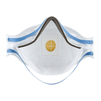 Vista dettagliata della maschera antiparticolato 3M™ Aura™ Comfort Cool Flow™ 9322+ FFP2 di 3M Deutschland GmbH, con valvola gialla e striscia di schiuma grigia sul bordo superiore per un comfort aggiuntivo.