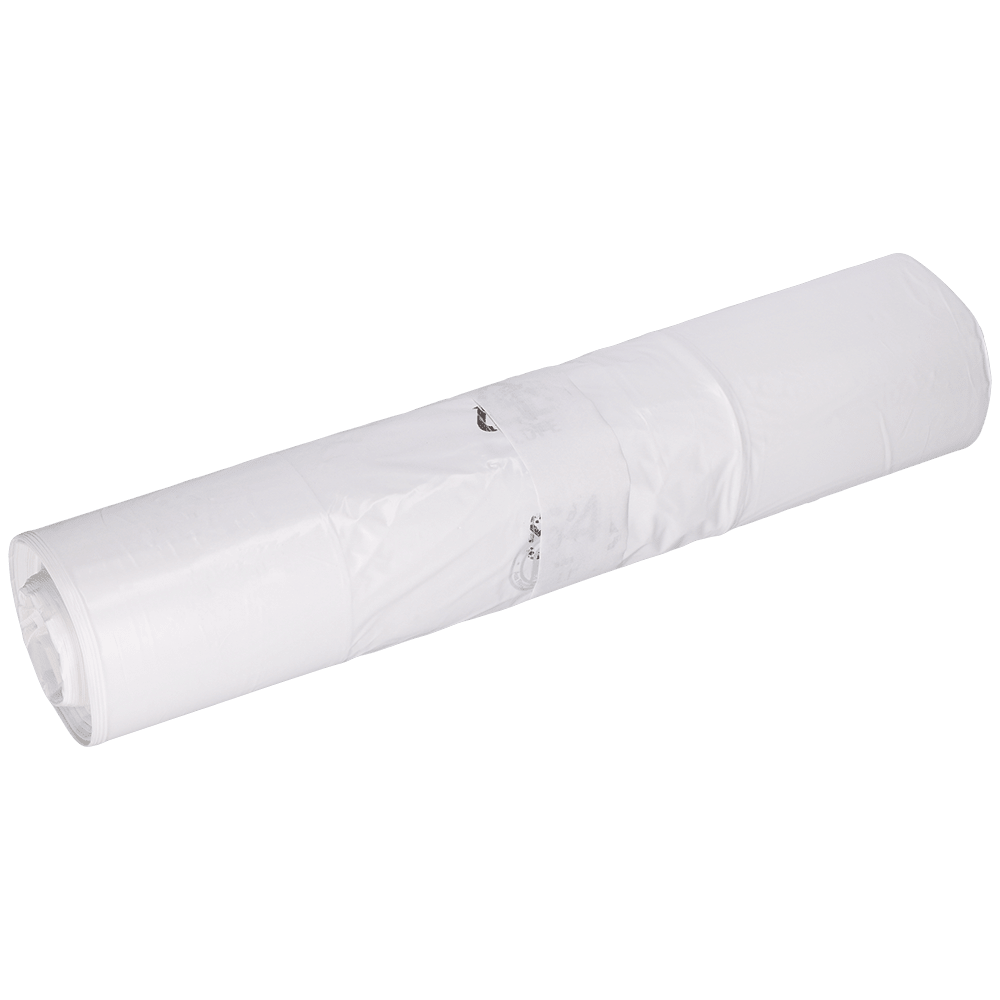 Un sacchetto della spazzatura EMIL DEISS KG arrotolato (DEISS 96030 - 400+200x700x0,035 mm bianco, rotolo da 50 pezzi) è fissato con del nastro adesivo trasparente e un piccolo anello portachiavi di metallo su uno sfondo bianco semplice.