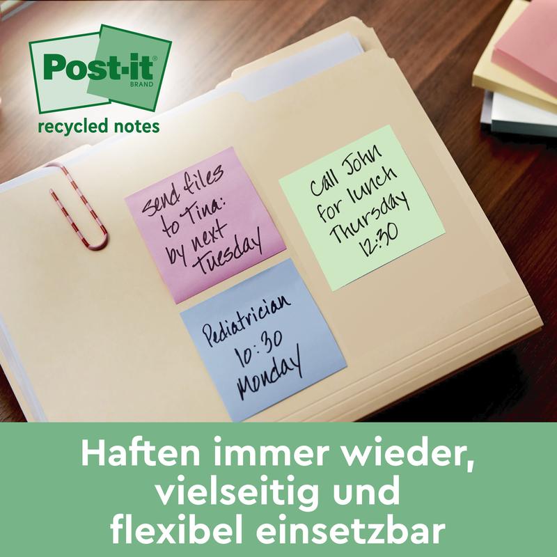 Una cartella con tre Post-it® Super Sticky 100% Recycling Notes (47,6 x 47,6 mm) di 3M Deutschland GmbH: viola - "invia i documenti a Tina entro martedì prossimo", giallo - "pediatra lunedì 10:30", verde - "chiama John giovedì alle 12:30 per pranzo.