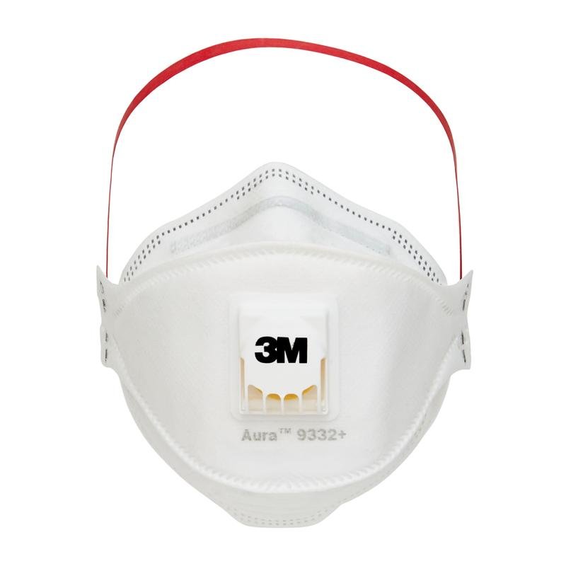 La maschera antiparticolato 3M™ Aura™ Comfort Cool Flow™ 9332+, FFP3, di 3M Deutschland GmbH è una maschera facciale bianca con fascia rossa, valvola di espirazione integrata e logo 3M sulla parte anteriore.