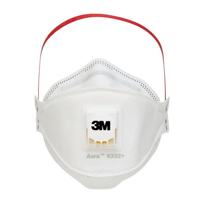 La maschera antiparticolato 3M™ Aura™ Comfort Cool Flow™ 9332+, FFP3, di 3M Deutschland GmbH è una maschera facciale bianca con fascia rossa, valvola di espirazione integrata e logo 3M sulla parte anteriore.
