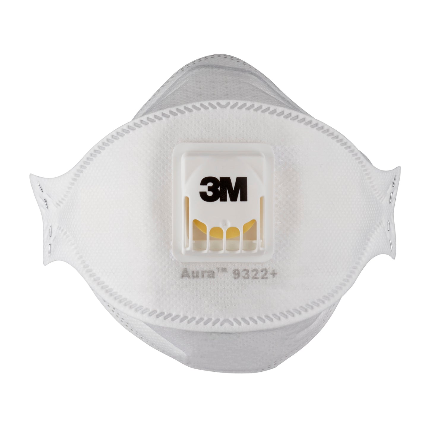 Una maschera bianca 3M™ Aura™ Comfort Cool Flow™ 9322+ FFP2 con valvola centrale e logo di 3M Deutschland GmbH è raffigurata frontalmente su uno sfondo monocromatico.
