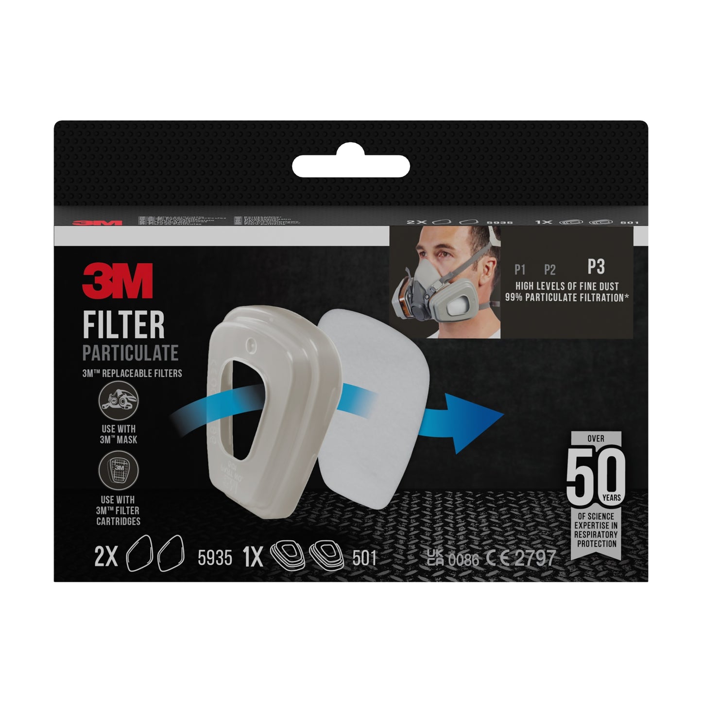 Vorderansicht des 3M™ Partikelfilters 5935, P3, 2 Paar/Packung + Filterhalterung 501 zeigt zwei weiße Filter, eine Maskenabbildung und einen Text, der den P3-Schutz und die über 50-jährige Erfahrung der 3M Deutschland GmbH hervorhebt.