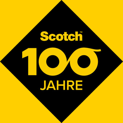Un tampone elastico assorbente Scotch® antiurto, autoadesivo, trasparente della 3M Deutschland GmbH attutisce gli urti; la confezione mostra un rombo nero su sfondo giallo con la scritta "Scotch 100 Jahre" in colore giallo, dove gli zeri formano un simbolo di infinito.