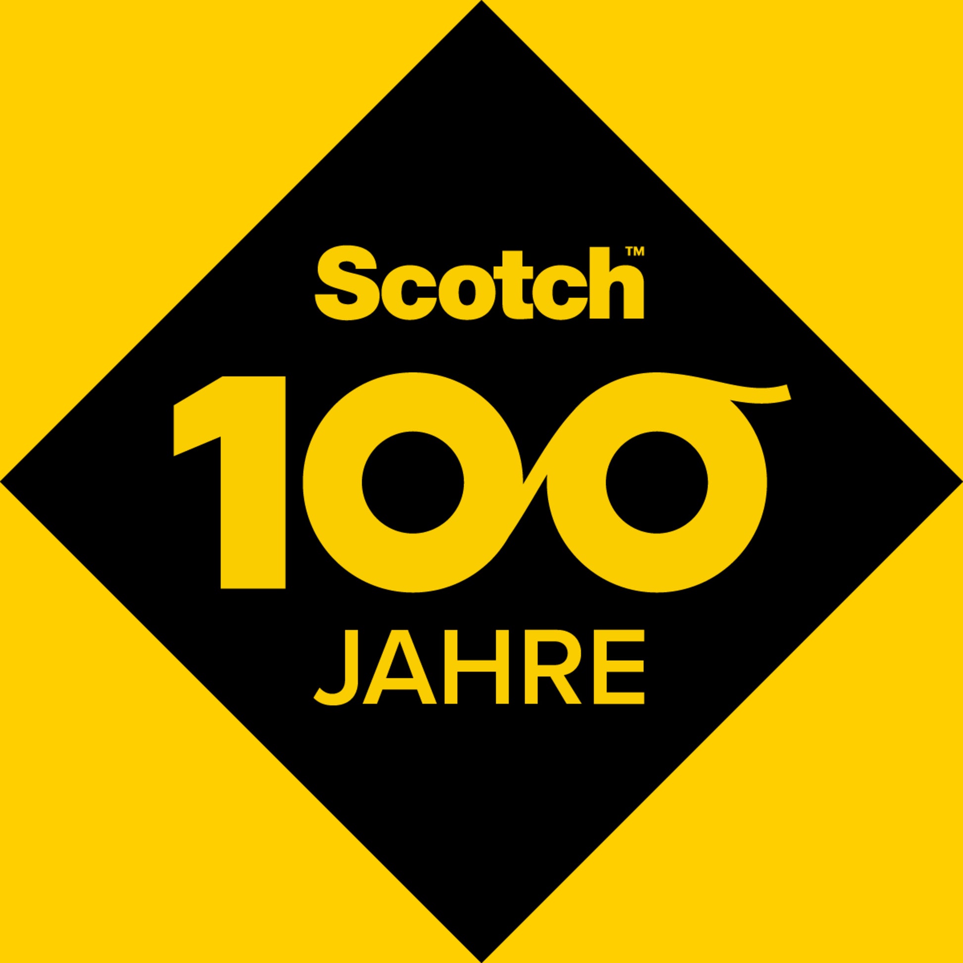 Eine schwarze Raute auf gelbem Grund mit dem Schriftzug "Scotch 100 Jahre" in gelber Farbe und der "100" als Unendlichkeitssymbol zelebriert das Scotch® doppelseitige Klebeband (12 mm x 22,8 m) der 3M Deutschland GmbH.