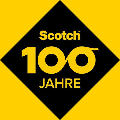 Una grafica giallo-nera celebra i 100 anni di Scotch™, con il logo di 3M Deutschland GmbH, "100" stilizzato come nastro adesivo e "anni" sotto, che mette in evidenza il dispenser da tavolo Scotch™ Karim Rashid.