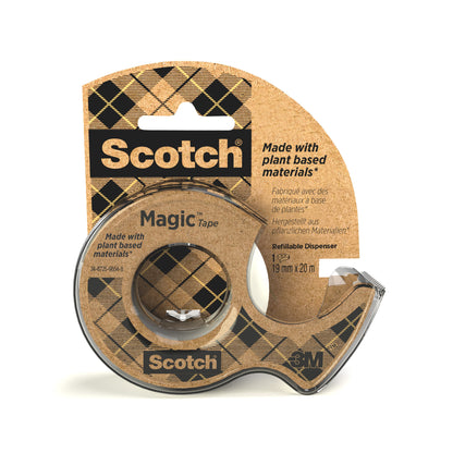 Das Scotch® Magic™ Klebeband von 3M Deutschland GmbH enthält 66 % pflanzlichen Klebstoff, ist 19 mm x 20 m groß und wird mit einem Nachfüll-Abroller aus Recyclingmaterial geliefert. Die Verpackung hat ein braunes Karo-Design.