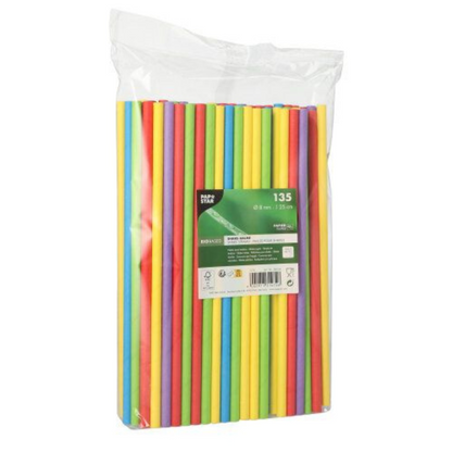 Un sacchetto trasparente con 135 cannucce colorate ed ecologiche nei colori rosso, giallo, verde e blu della PAPSTAR GmbH. La confezione è dotata di un'etichetta informativa sul prodotto visibile.