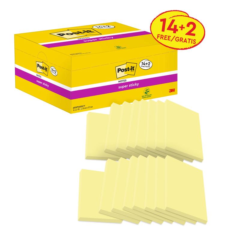 Una confezione di 3M Post-it® Super Sticky Notes, Giallo, 76x127mm, 90 fogli/blocco, con 14 blocchi più 2 gratis (16 in totale), è un'ideale nota adesiva riutilizzabile di 3M Deutschland GmbH, certificata PEFC.